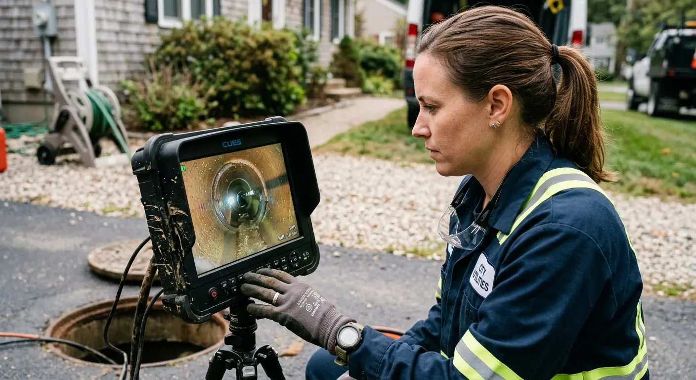 Technician reviewing sewer camera inspection footage in Bend