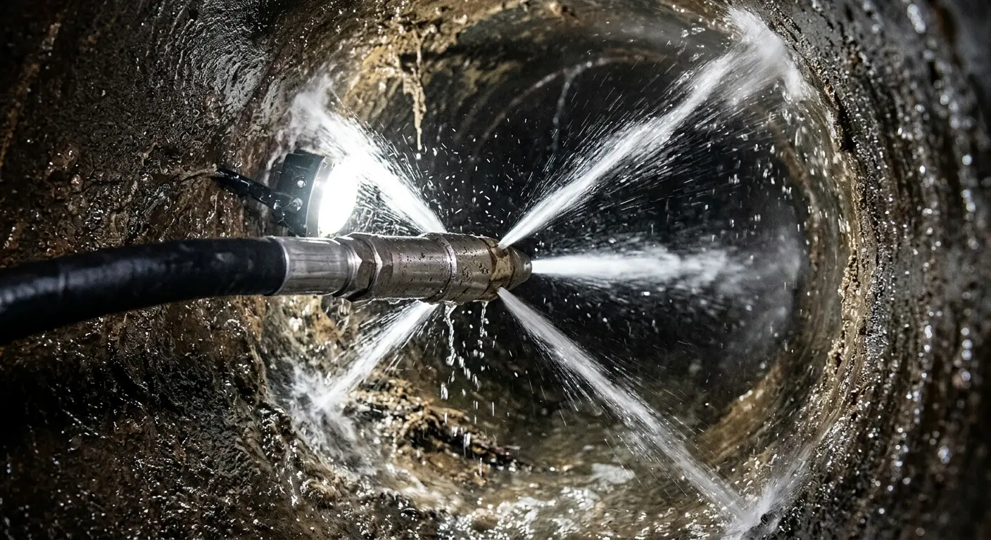 High-pressure hydro jetting nozzle cleaning sewer pipe for Sewer Cleanout in Bend