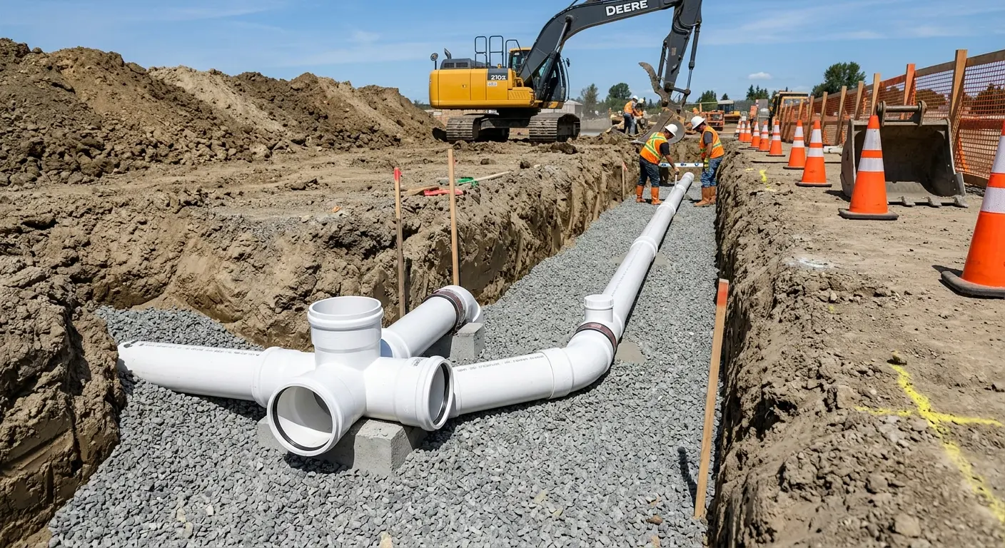 New PVC sewer pipe installation in open trench for Sewer Backup in Bend