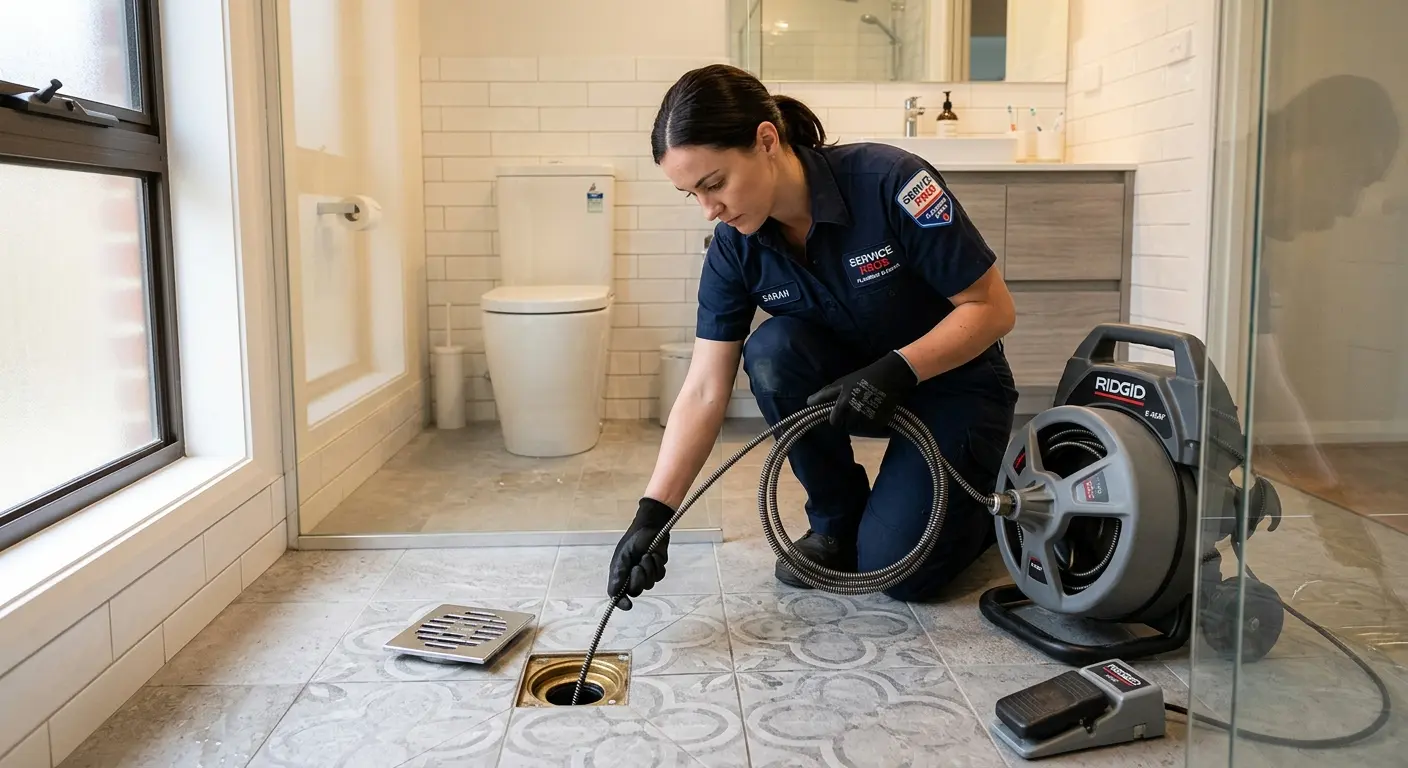 Technician clearing a bathroom floor drain for Hydro Jetting in Bend